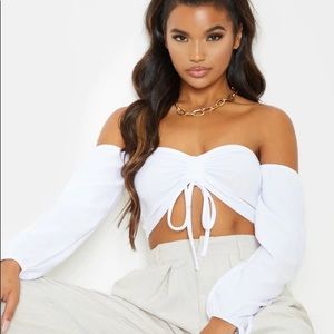 White ruched detail Bardot long sleeve crop top